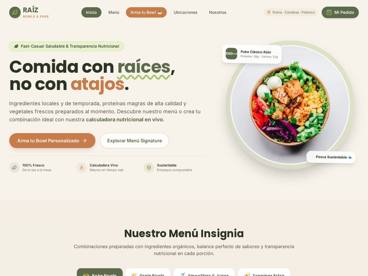 Captura del sitio web Raíz Bowls — Comida Saludable desarrollado por FuTek Studio